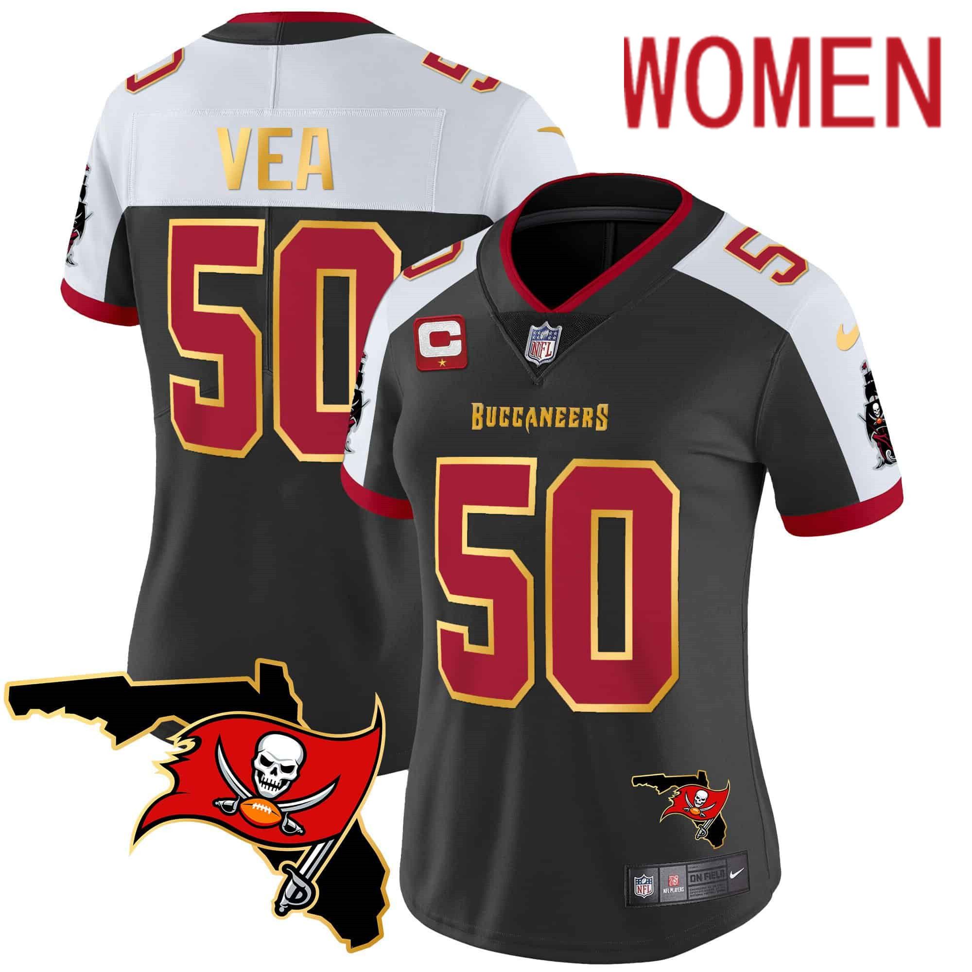 Women Tampa Bay Buccaneers 50 Vea Black 2024 Nike Florida Patch Gold Trim Vapor NFL Jersey